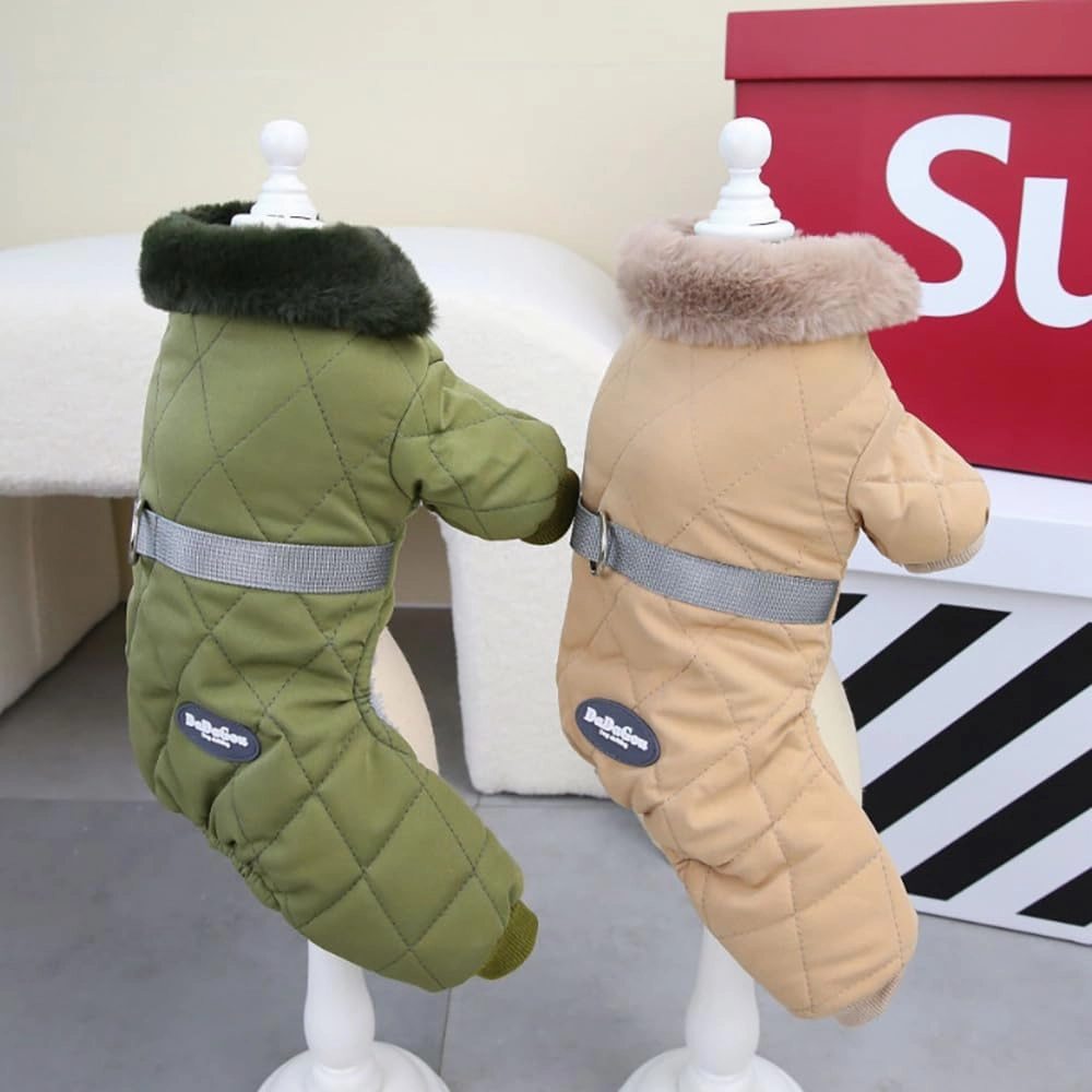 Dog Coat Jacket Windproof Cold Weather Coat 4 Legs Warm Dog Jumpsuit Winter Thick Clothes Snow Proof Coat Cotton Dog Coat for Small Dog Medium Dog Cat Khaki M