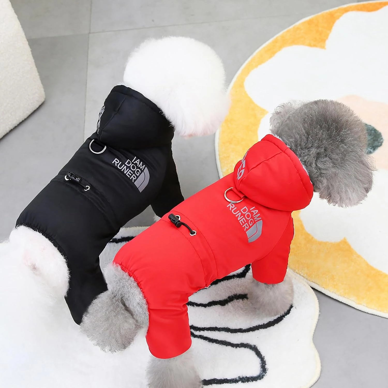 Dog Coat Windproof Cold Weather Jumpsuit - 4 Legs Sports Jacket, Warm Winter Thick Clothes, Snow Proof Cotton Apparel for Small Medium Dogs Cats - Red M