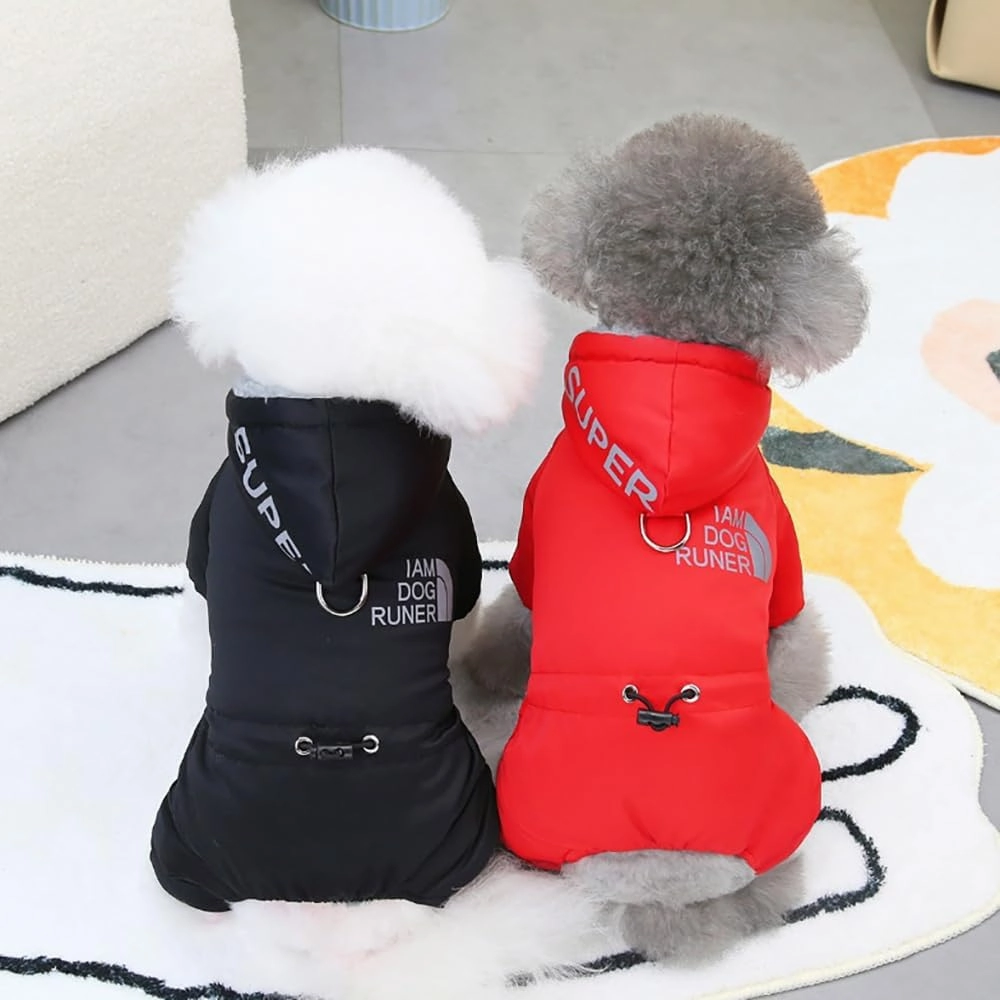 Dog Coat Windproof Cold Weather Jumpsuit - 4 Legs Sports Jacket, Warm Winter Thick Clothes, Snow Proof Cotton Apparel for Small Medium Dogs Cats - Red M