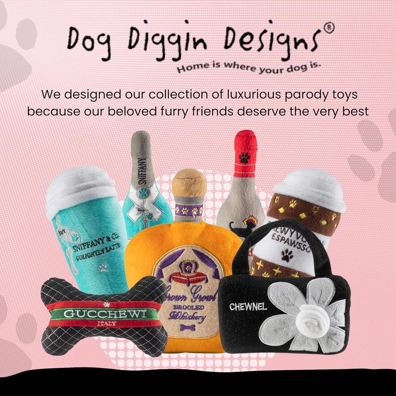 Dog Diggin Designs Libation Station Collection | Unique Squeaky Parody Plush Dog Toys – Shaken, Not Stirred