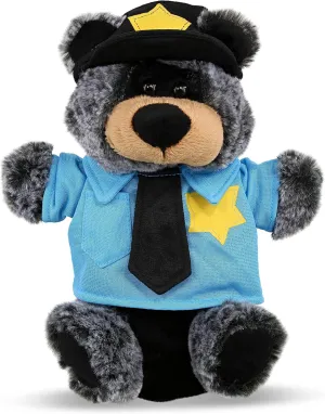DolliBu Black Bear Police Officer Super Soft Hand Puppet Plush Toy - Soft Black Bear Cop Stuffed Animal Dress Up with Cute Cop Uniform and Cap Outfit - Gift with Personalization - 9 Inches