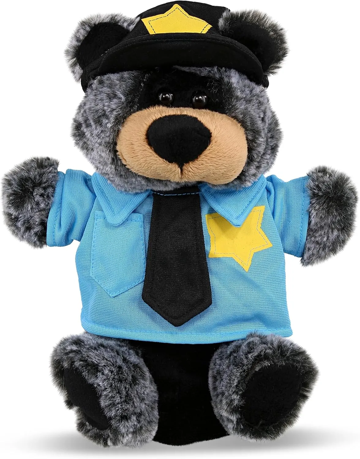 DolliBu Black Bear Police Officer Super Soft Hand Puppet Plush Toy - Soft Black Bear Cop Stuffed Animal Dress Up with Cute Cop Uniform and Cap Outfit - Gift with Personalization - 9 Inches