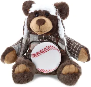 DolliBu Brown Bear with Clothes Stuffed Animal with Baseball Plush - Soft and Huggable Stuffed Bear Toy Gift, Cute Wild Life Animal with Plush Baseball Toy for Kids - 11 Inches