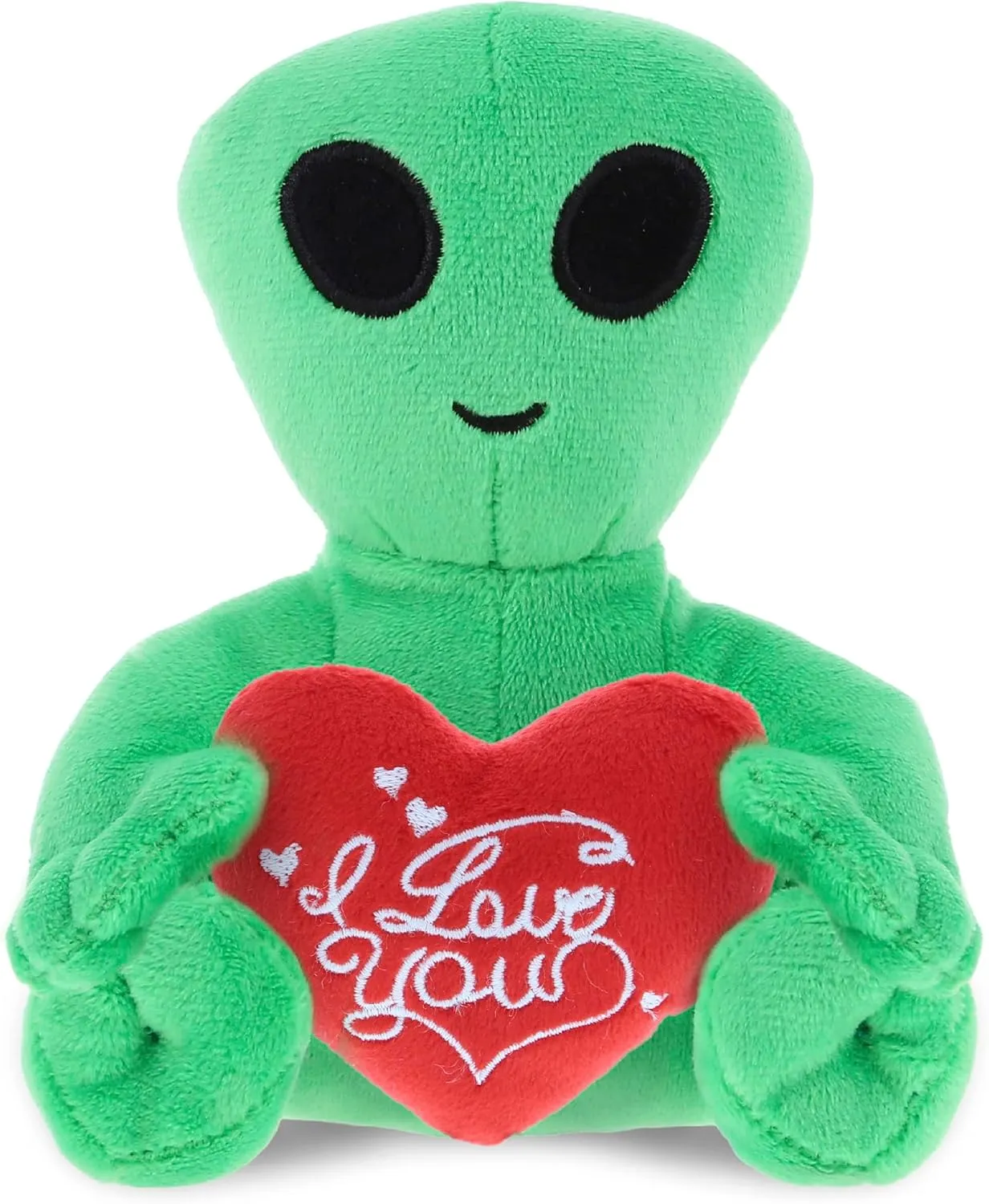DolliBu I Love You Valentine Plush Green Alien - Cute Soft Cuddly Stuffed Animal with Red Heart Gift for Valentines Day, Birthday Present, Anniversary, Romantic Date - 6 Inches
