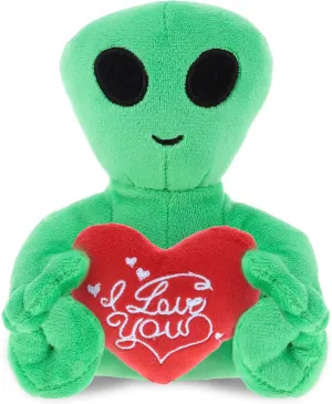 DolliBu I Love You Valentine Plush Green Alien - Cute Soft Cuddly Stuffed Animal with Red Heart Gift for Valentines Day, Birthday Present, Anniversary, Romantic Date - 6 Inches
