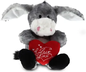 DolliBu I Love You Valentine Plush itting Grey Donkey - Cute Stuffed Animal with Red Heart and Name Personalization Gift for Valentines Day, Birthday, Anniversary, Romantic Date - 9 Inches