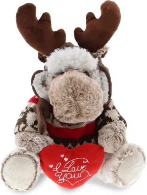 DolliBu I Love You Valentine Plush Moose with Clothes - Cute Stuffed Animal with Red Heart and Name Personalization Gift for Valentines Day, Birthday, Anniversary, Romantic Date - 9 Inches
