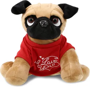 DolliBu I Love You Valentine Plush Pug Dog - Cute Stuffed Animal with Red Shirt and Name Personalization