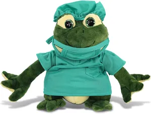 DolliBu Squat Frog Doctor Plush Toy - Super Soft Frog Doctor Stuffed Animal Dress Up with Cute Scrub Uniform and Cap Outfit - Gift with Personalization - 10.5 Inches