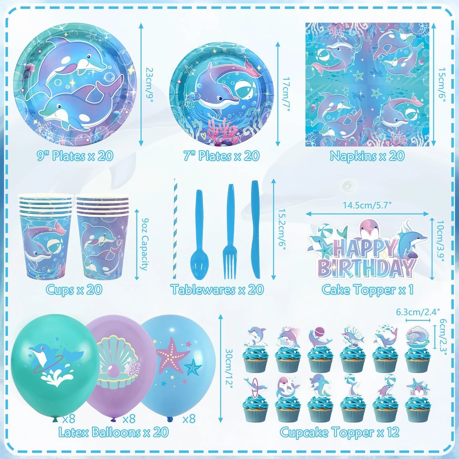 Dolphin Party Supplies, Includes Banners, Plates, Cupcake Toppers, Napkins, Cups, Tablecloths, for Ocean DolphinTheme Birthday Baby Shower Party Decorations Serves 20