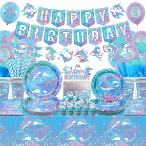 Dolphin Party Supplies, Includes Banners, Plates, Cupcake Toppers, Napkins, Cups, Tablecloths, for Ocean DolphinTheme Birthday Baby Shower Party Decorations Serves 20