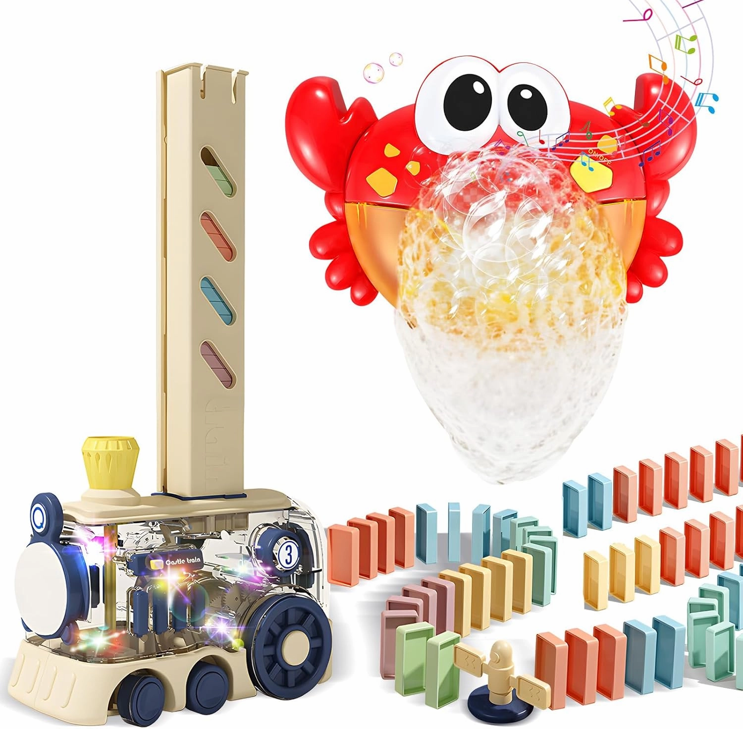 Domino Train Toy Kids Games 80Pcs Automatic Dominoes Building Set STEM Montessori Stacking Toys and Crab Bath Bubble Machine, Bath Bubble Maker for Baby, Automatic Bubble Maker with 12 Songs