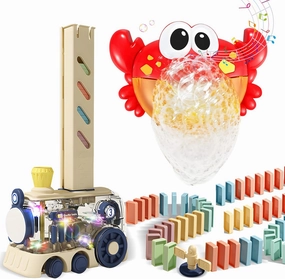 Domino Train Toy Kids Games 80Pcs Automatic Dominoes Building Set STEM Montessori Stacking Toys and Crab Bath Bubble Machine, Bath Bubble Maker for Baby, Automatic Bubble Maker with 12 Songs