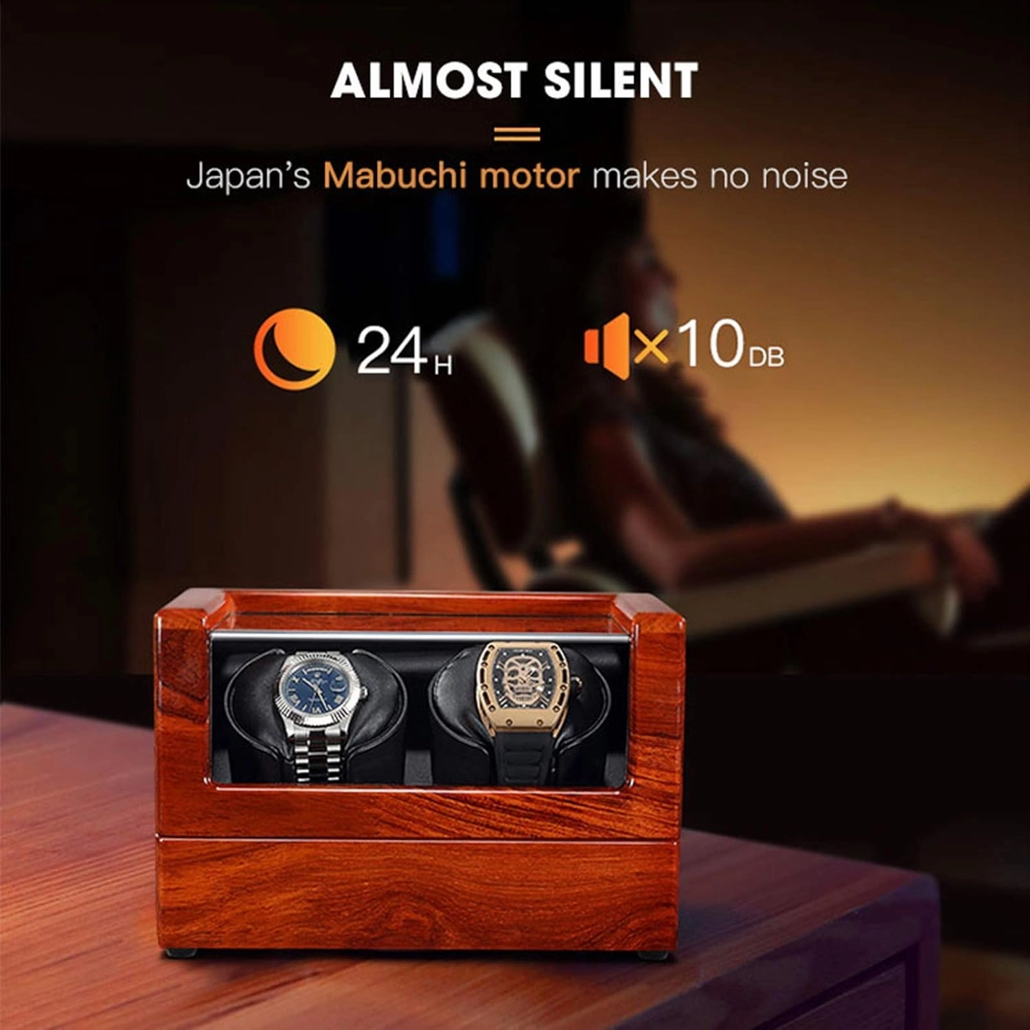 Double Watch Winder for Automatic Watches Solid Wood Watch Display Storage Box Dual Power Supply Soft Watch Pillow Accessories，Black Leather