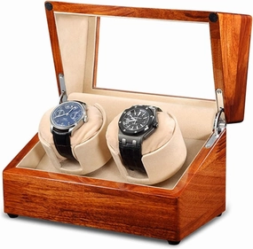 Double Watch Winder for Automatic Watches Solid Wood Watch Display Storage Box Dual Power Supply Soft Watch Pillow Accessories, White Flannel,