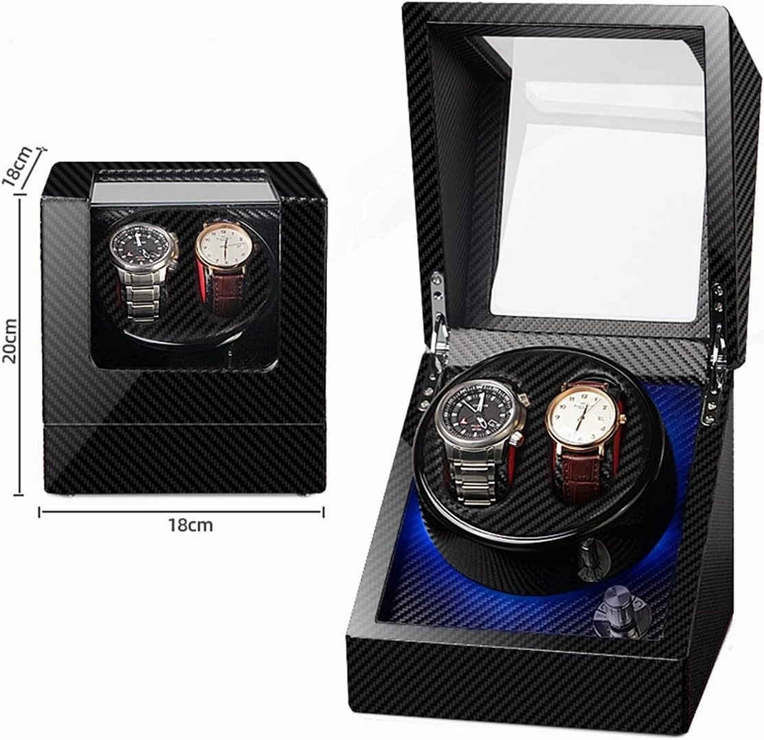 Double Watch Winder Luxury Mechanical Watch Storage Case Wood Shell Piano Soft Flexible Watch Pillows Blue LED Light Fit Lady and Man Watches Self Winding Watch Rotator Box (Black B)
