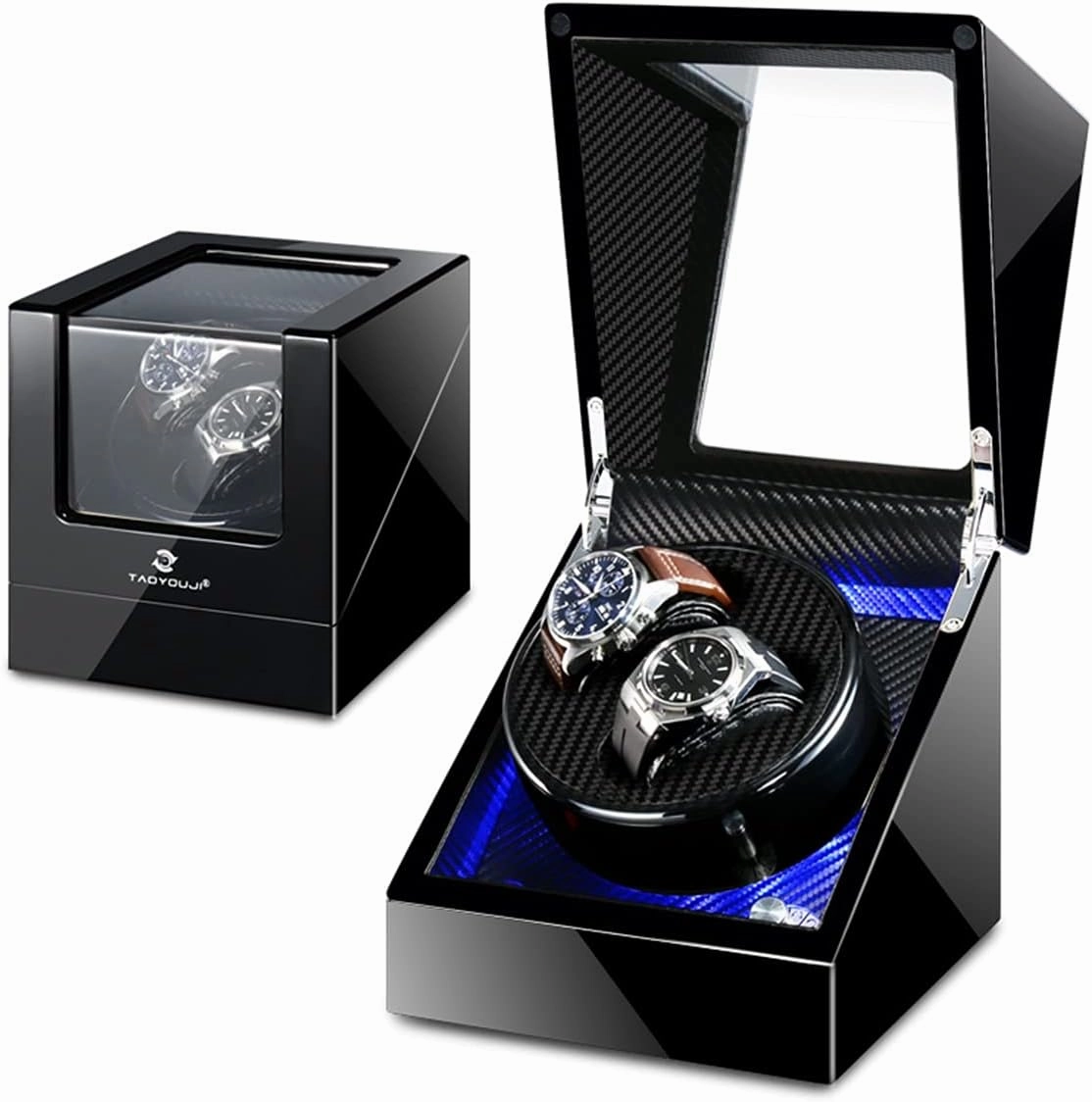 Double Watch Winder Luxury Mechanical Watch Storage Case Wood Shell Piano Soft Flexible Watch Pillows Blue LED Light Fit Lady and Man Watches Self Winding Watch Rotator Box (Black B)