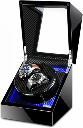 Double Watch Winder Luxury Mechanical Watch Storage Case Wood Shell Piano Soft Flexible Watch Pillows Blue LED Light Fit Lady and Man Watches Self Winding Watch Rotator Box (Black B)