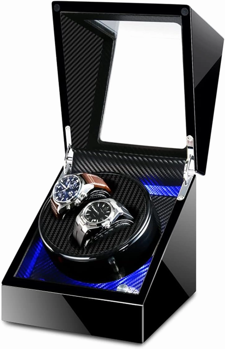Double Watch Winder Luxury Mechanical Watch Storage Case Wood Shell Piano Soft Flexible Watch Pillows Blue LED Light Fit Lady and Man Watches Self Winding Watch Rotator Box (Black B)