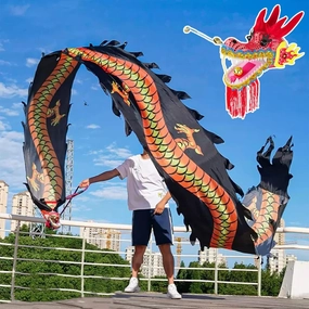Dragon Dance Ribbon - Chinese Dragon POI for Outdoors with Dragon Head, Rhythmic Throw Ribbon for Celebration, Silk Streamer for Outdoor Sports