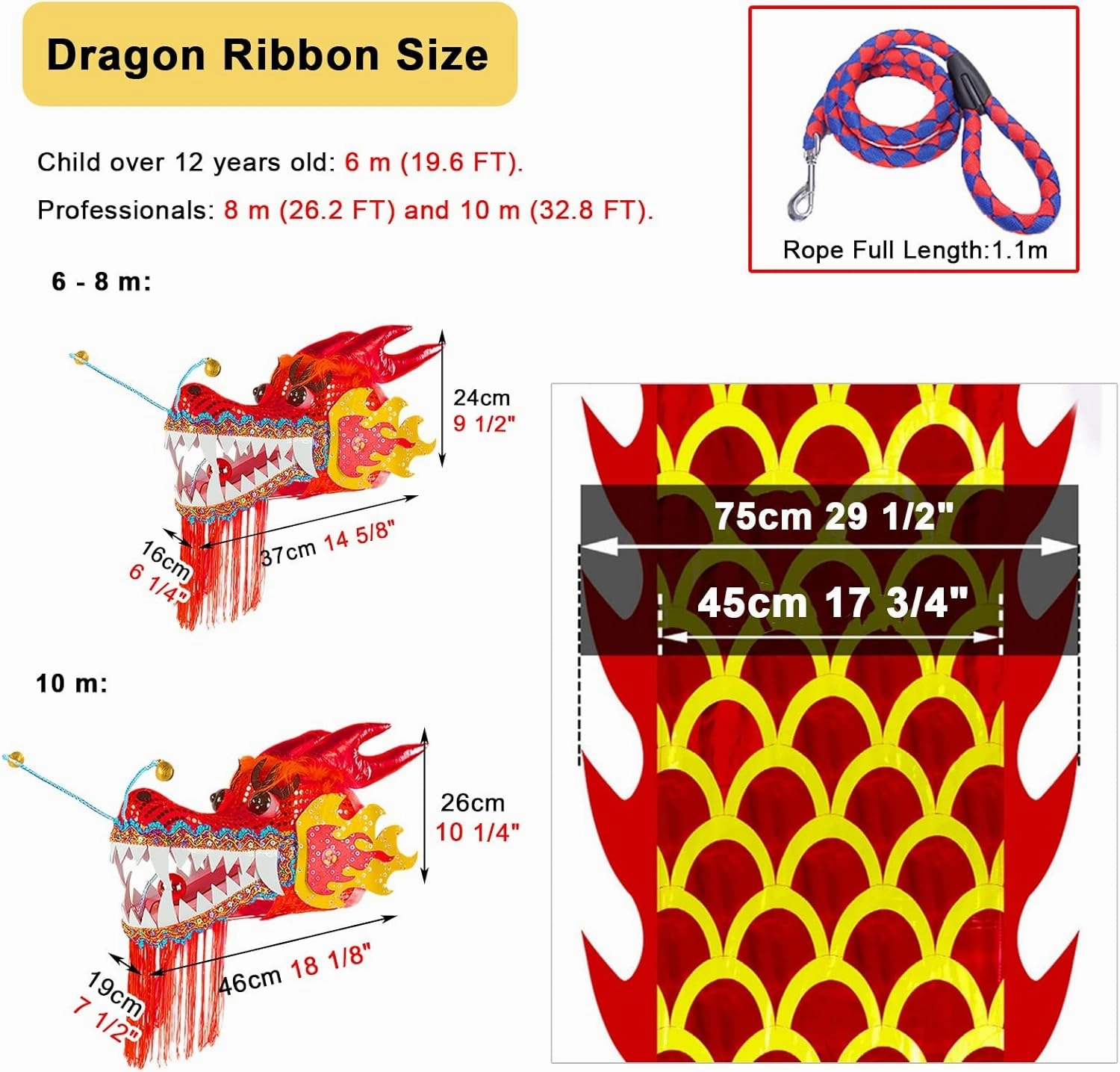 Dragon Dance Ribbon - Dragon Poi for Square Activities, Two Sides Fluid Ribbon Streamer, Sports Performance Accessories for Outdoor Moving Rotating Dancers(10
