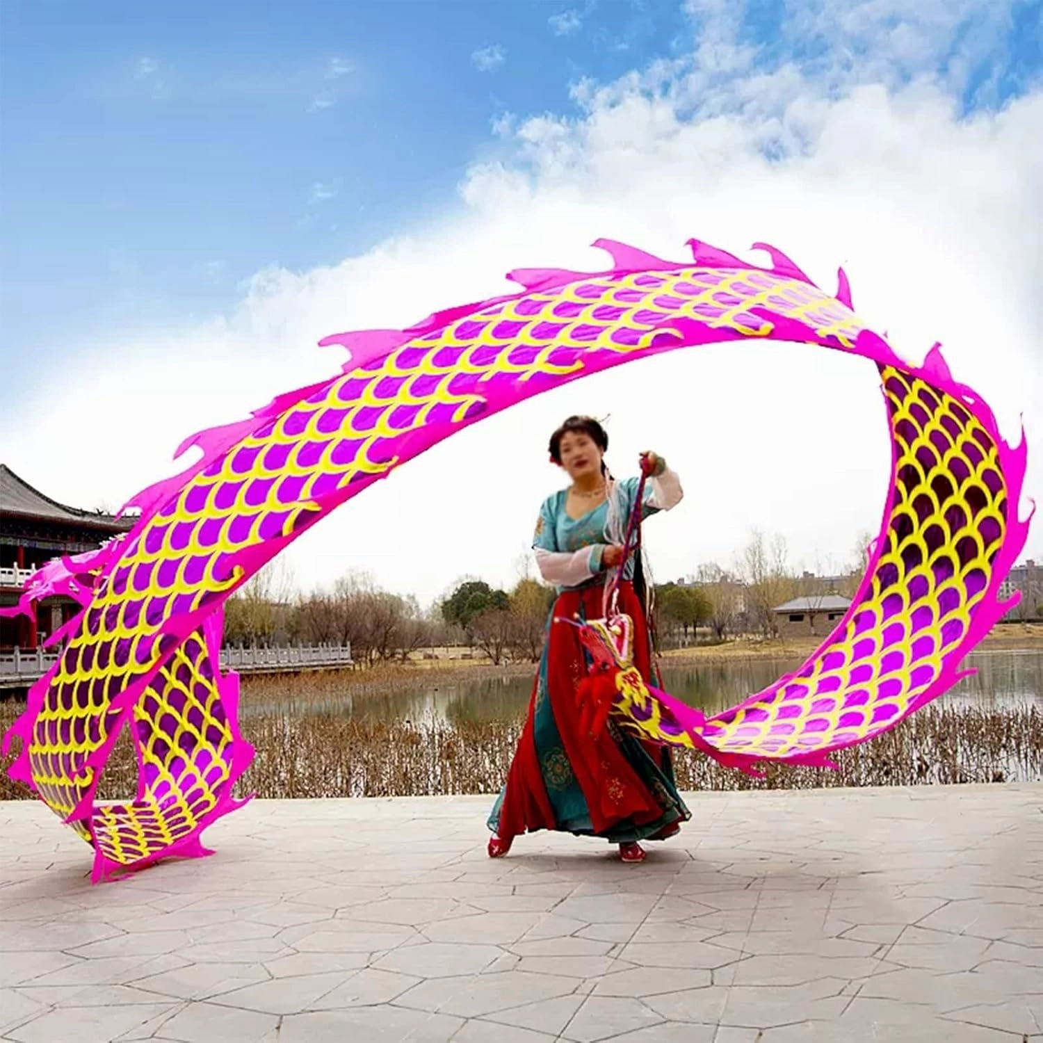 Dragon Dance Ribbon - Dragon Poi for Square Activities, Two Sides Fluid Ribbon Streamer, Sports Performance Accessories for Outdoor Moving Rotating Dancers(10