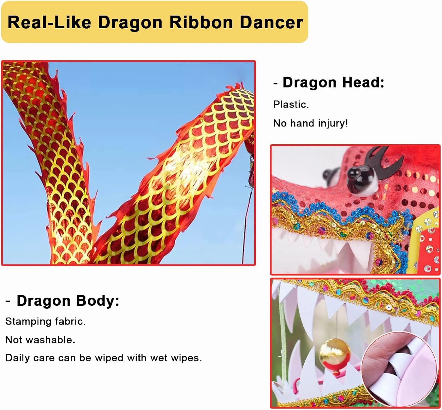 Dragon Dance Ribbon - Dragon Poi for Square Activities, Two Sides Fluid Ribbon Streamer, Sports Performance Accessories for Outdoor Moving Rotating Dancers(10