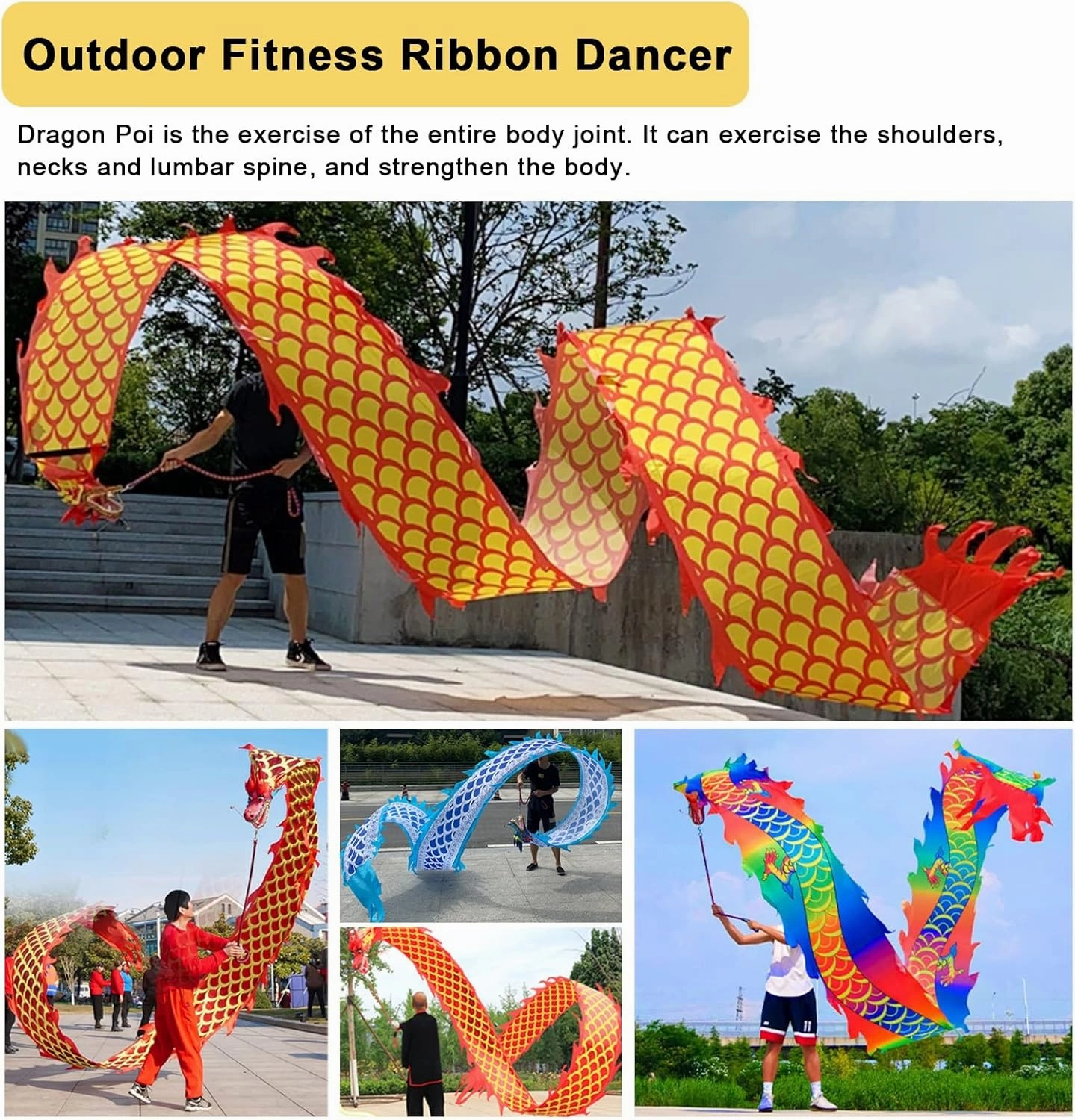 Dragon Poi Dragon Poi Kite Silk Washable, Adult Ribbon Dancer Streamer with Head, Flinging Art Scales Dancer Flag for Outdoor Fitness, Juggling, Gymnastics Toy