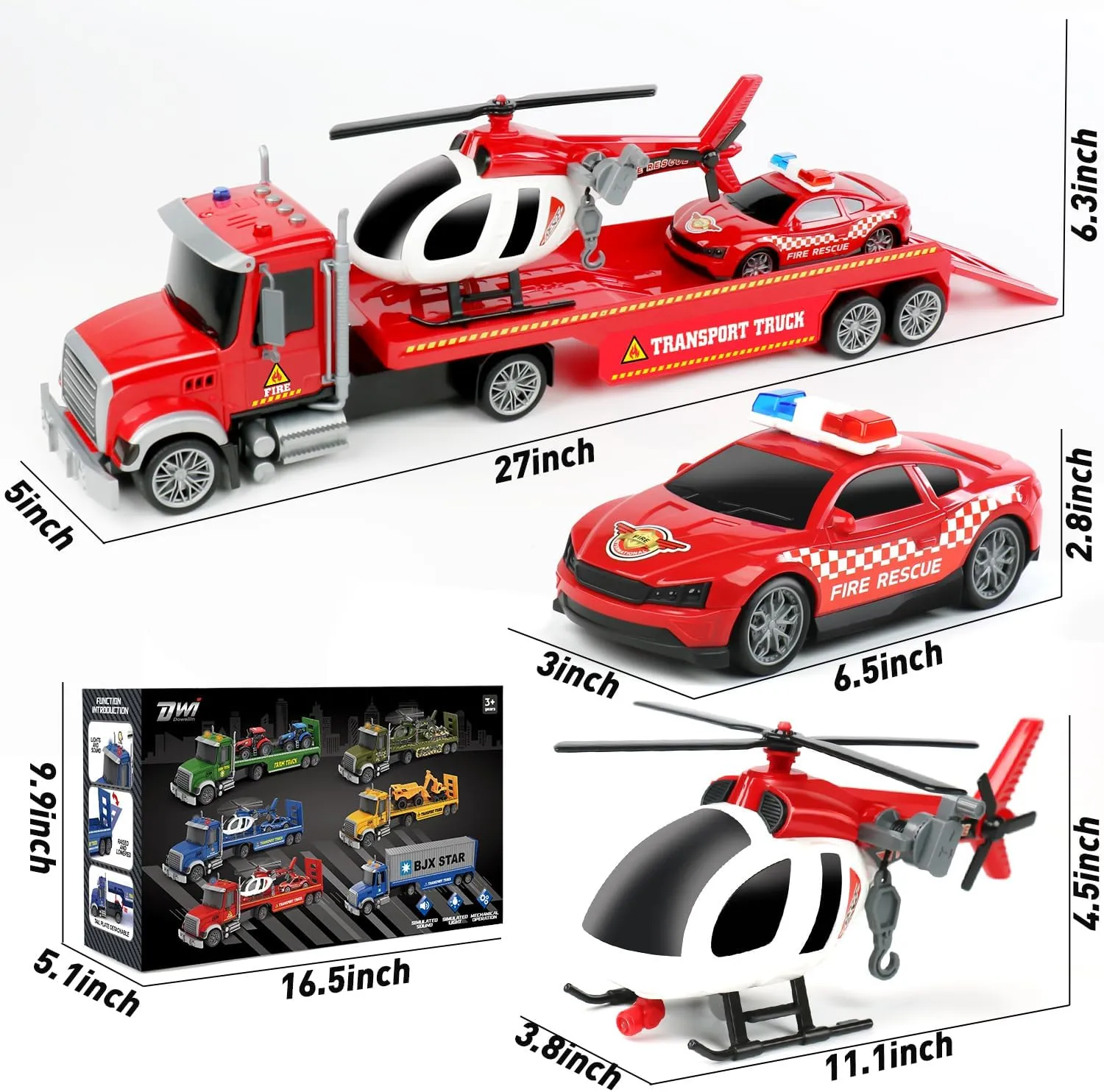 Dwi Dowellin 27" Large Friction Powered Fire Truck Toy with Car and Helicopter,Semi Truck Toys for 3 4 5 6 Years Old Toddlers Kids Boys & Girls Gift
