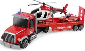 Dwi Dowellin 27" Large Friction Powered Fire Truck Toy with Car and Helicopter,Semi Truck Toys for 3 4 5 6 Years Old Toddlers Kids Boys & Girls Gift