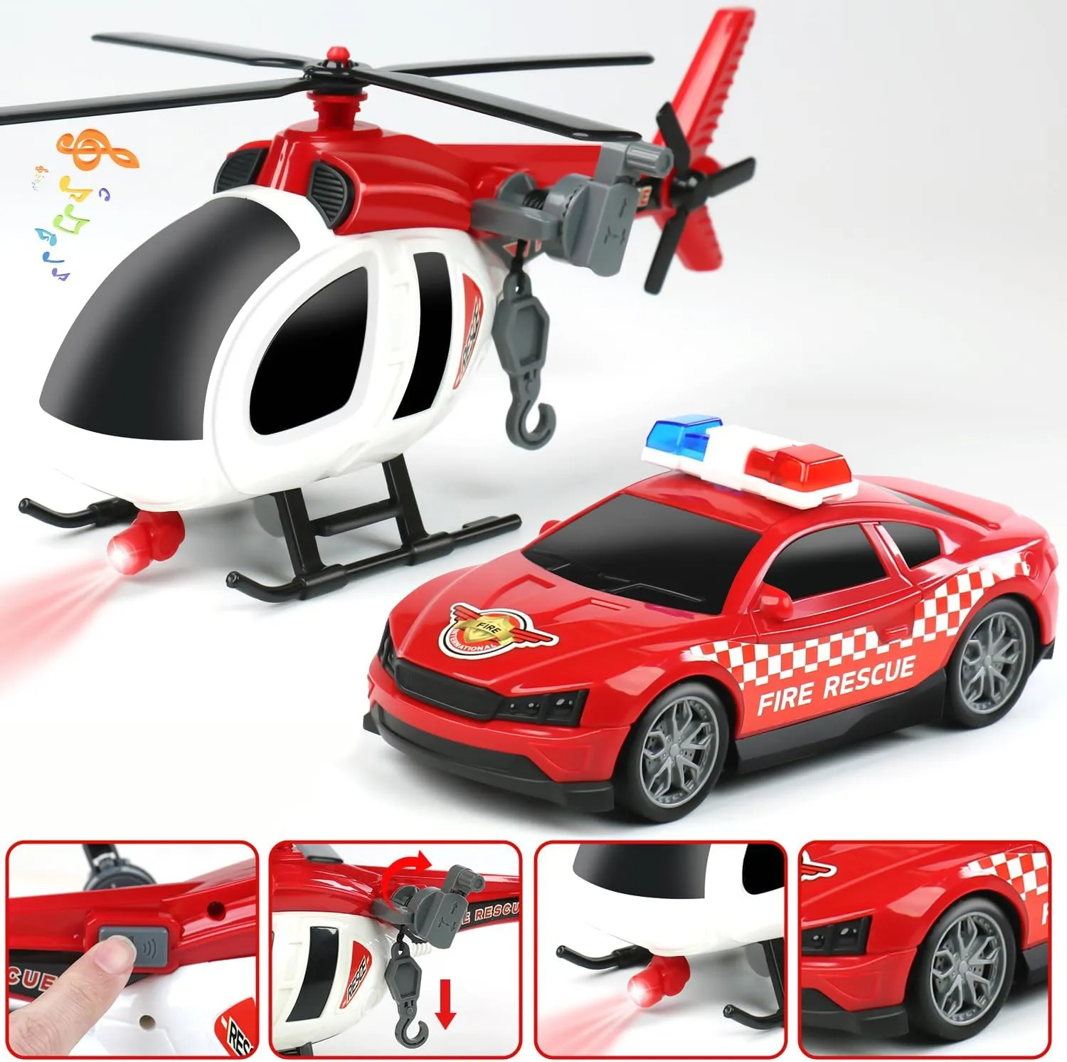 Dwi Dowellin 27" Large Friction Powered Fire Truck Toy with Car and Helicopter,Semi Truck Toys for 3 4 5 6 Years Old Toddlers Kids Boys & Girls Gift