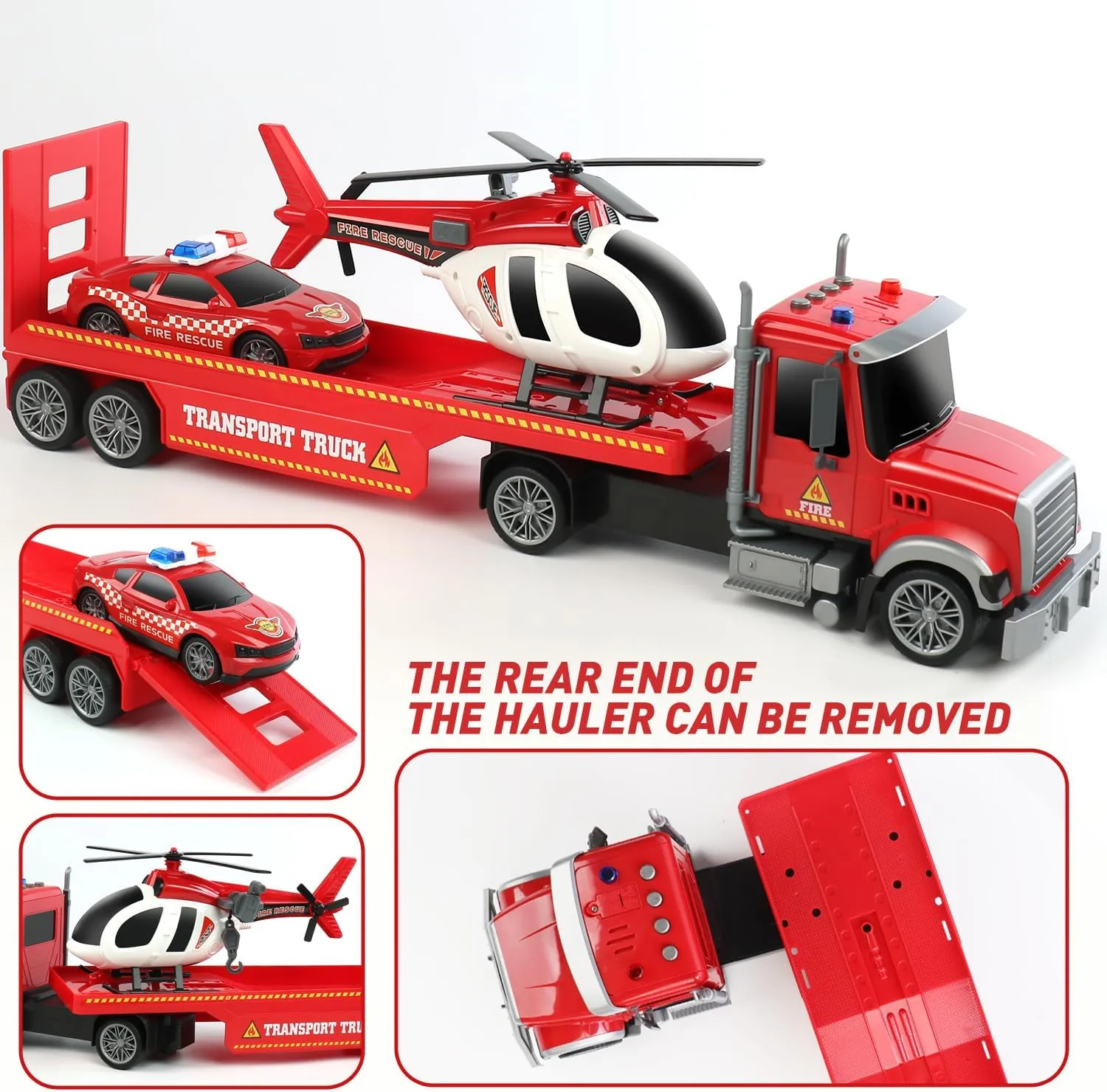 Dwi Dowellin 27" Large Friction Powered Fire Truck Toy with Car and Helicopter,Semi Truck Toys for 3 4 5 6 Years Old Toddlers Kids Boys & Girls Gift