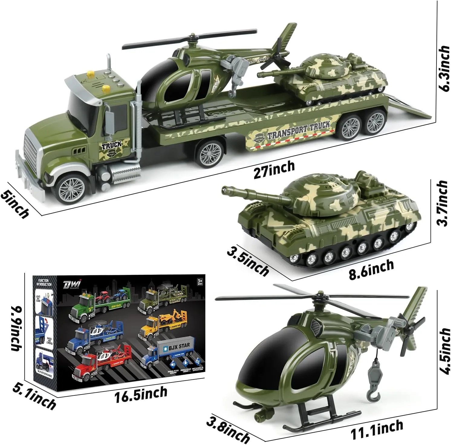 Dwi Dowellin 27" Large Friction Powered Military Truck Car Toy with Helicopters and Tank,Army Semi Truck Toys for 3 4 5 6 Years Old Toddlers Kids Boys & Girls Gift