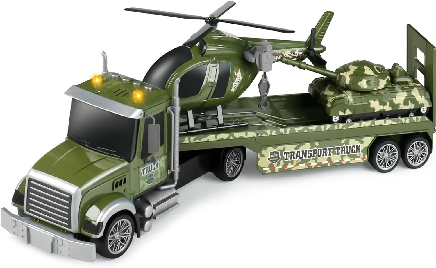 Dwi Dowellin 27" Large Friction Powered Military Truck Car Toy with Helicopters and Tank,Army Semi Truck Toys for 3 4 5 6 Years Old Toddlers Kids Boys & Girls Gift