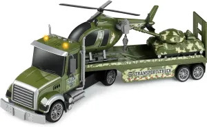 Dwi Dowellin 27" Large Friction Powered Military Truck Car Toy with Helicopters and Tank,Army Semi Truck Toys for 3 4 5 6 Years Old Toddlers Kids Boys & Girls Gift