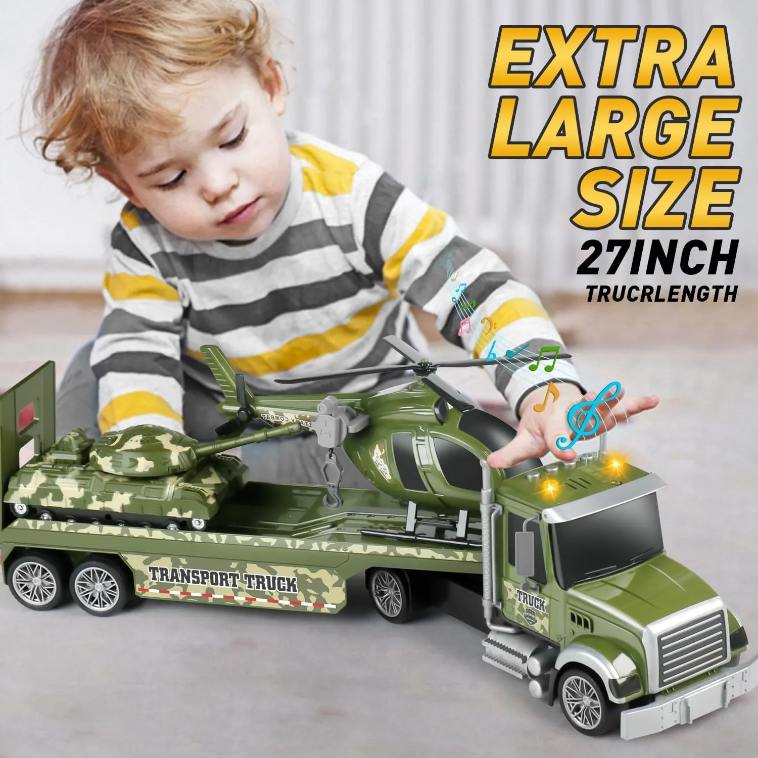 Dwi Dowellin 27" Large Friction Powered Military Truck Car Toy with Helicopters and Tank,Army Semi Truck Toys for 3 4 5 6 Years Old Toddlers Kids Boys & Girls Gift