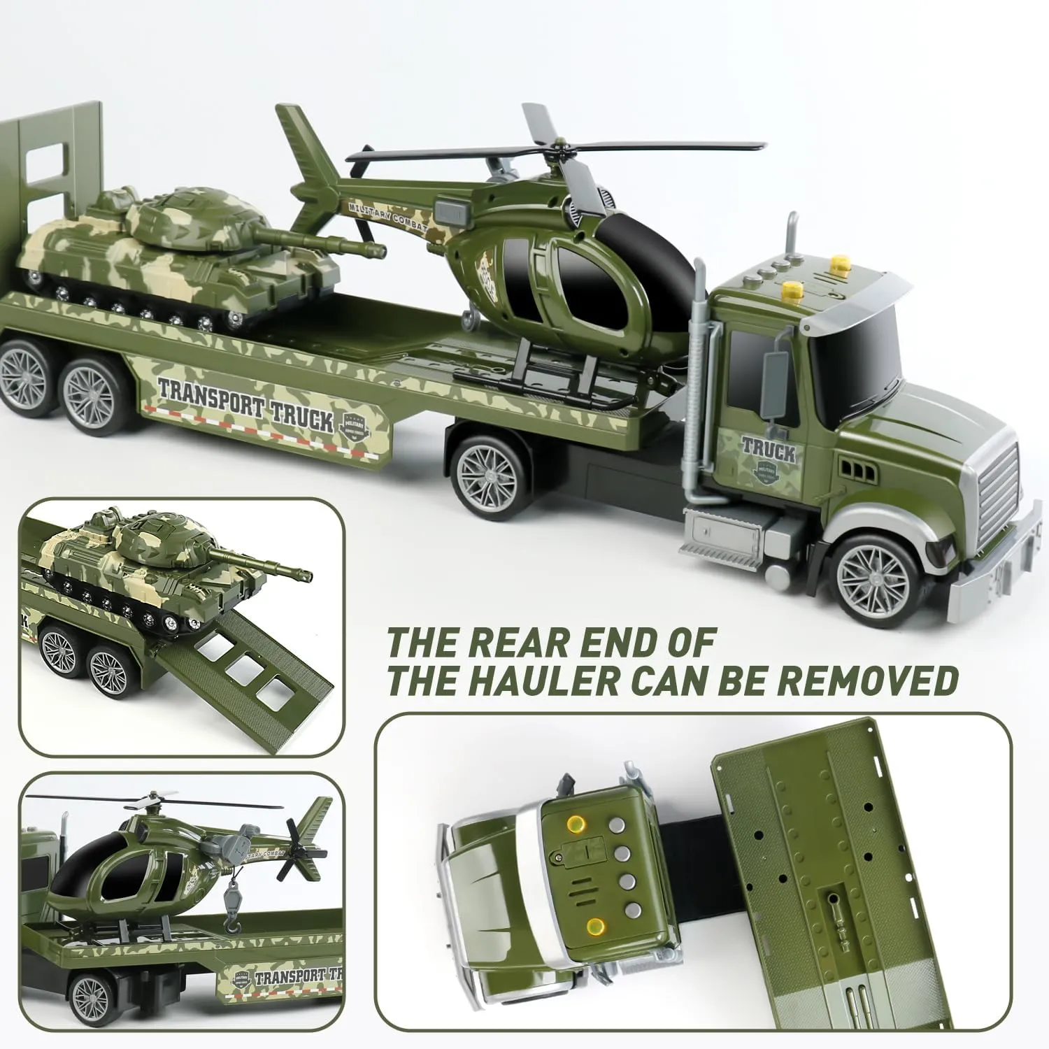 Dwi Dowellin 27" Large Friction Powered Military Truck Car Toy with Helicopters and Tank,Army Semi Truck Toys for 3 4 5 6 Years Old Toddlers Kids Boys & Girls Gift