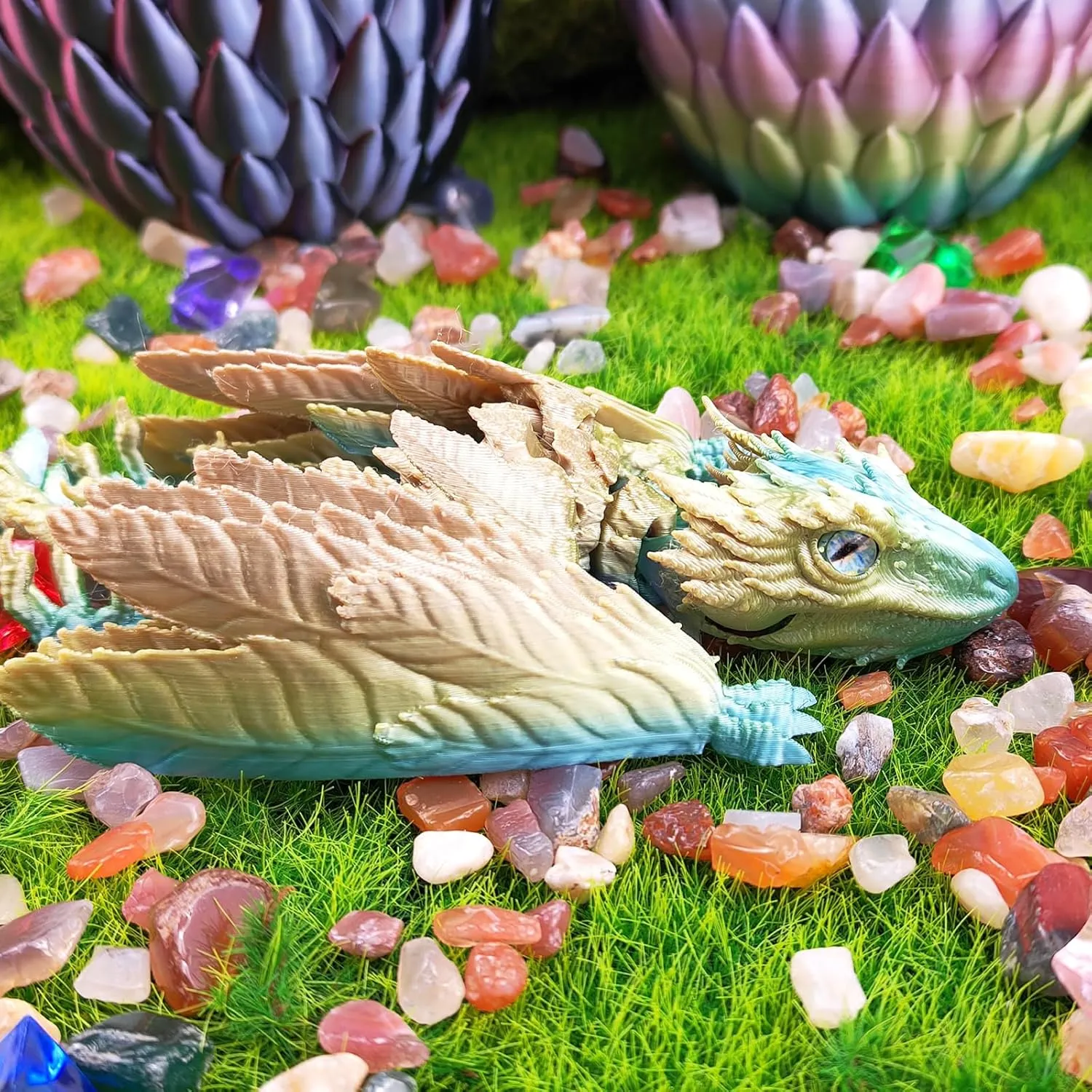 Dynamic 3D Printed Dragon Eggs with Dragon Inside，Wings Movable Feathered Wyvern,Full Articulated Crystal Flying Fidget Archaeoptera Animals Toy