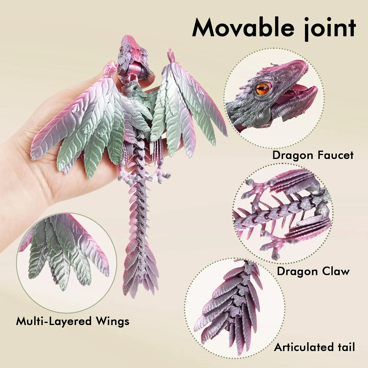 Dynamic 3D Printed Dragon Eggs with Dragon Inside，Wings Movable Feathered Wyvern,Full Articulated Crystal Flying Fidget Archaeoptera Animals Toy