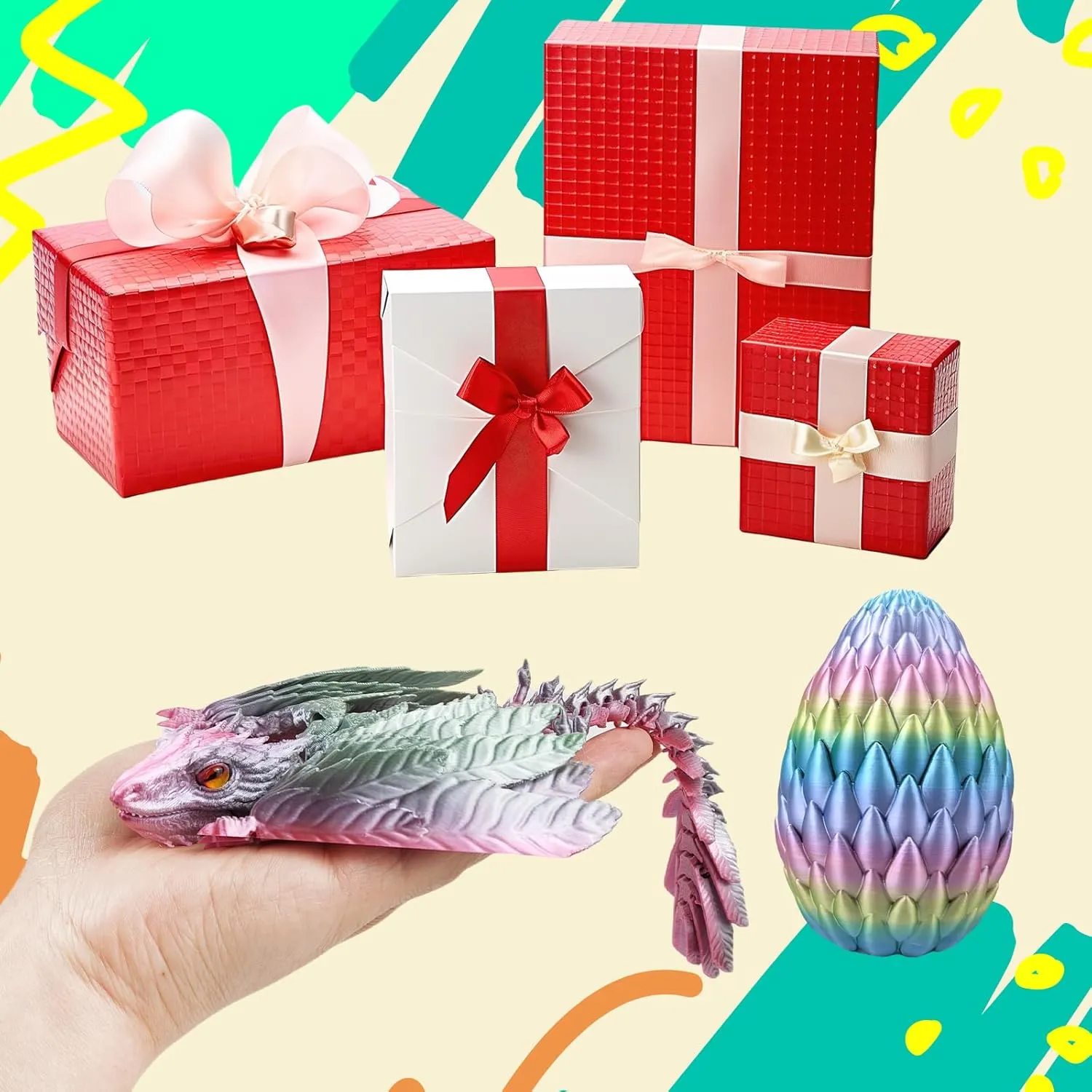 Dynamic 3D Printed Dragon Eggs with Dragon Inside，Wings Movable Feathered Wyvern,Full Articulated Crystal Flying Fidget Archaeoptera Animals Toy