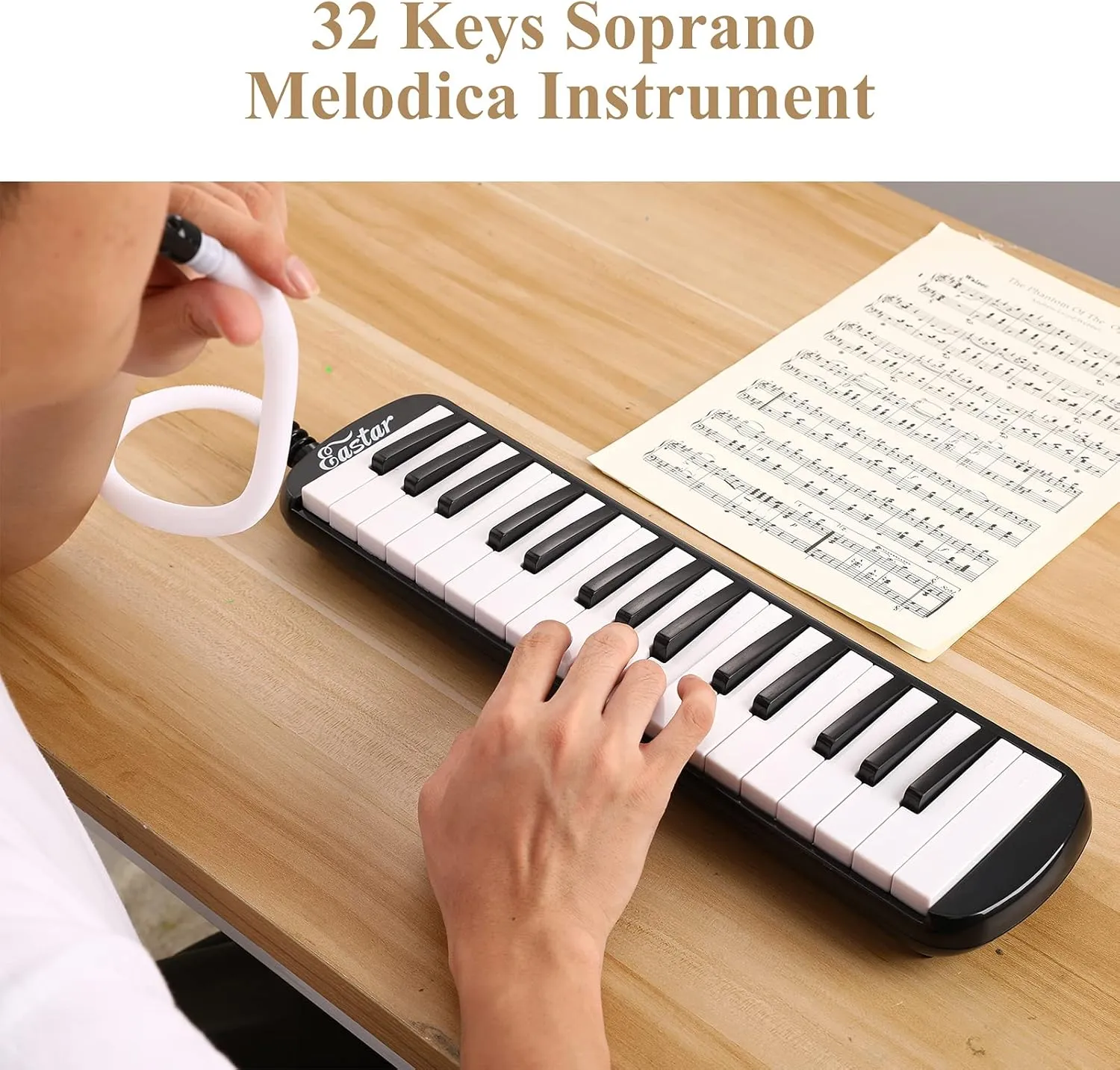 Eastar 32 Keys Melodica Instrument, Soprano Melodica Air Piano Keyboard Pianica with 2 Soft Long Tubes, Short Mouthpieces, Carrying Bag, Black