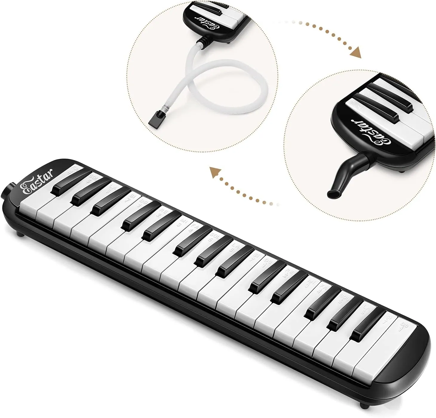 Eastar 32 Keys Melodica Instrument, Soprano Melodica Air Piano Keyboard Pianica with 2 Soft Long Tubes, Short Mouthpieces, Carrying Bag, Black