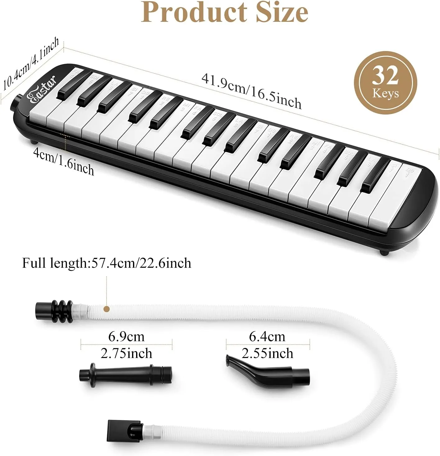 Eastar 32 Keys Melodica Instrument, Soprano Melodica Air Piano Keyboard Pianica with 2 Soft Long Tubes, Short Mouthpieces, Carrying Bag, Black