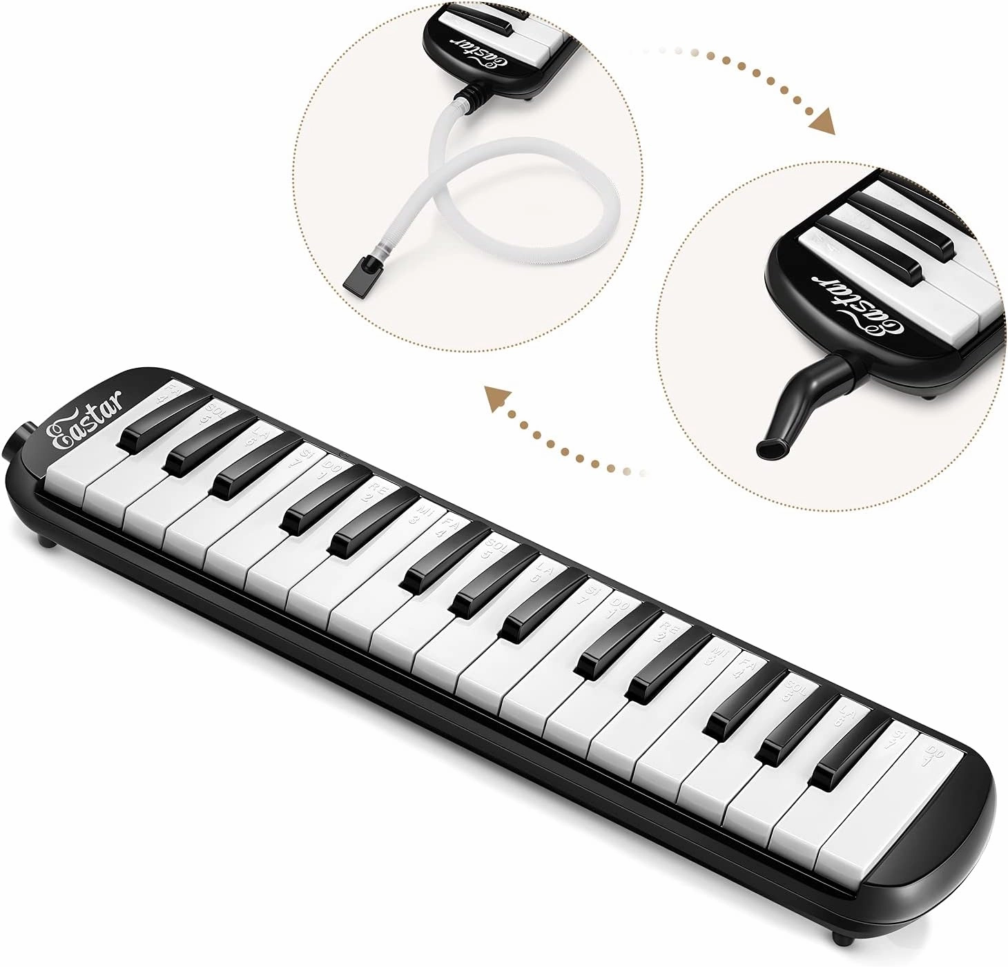 Eastar 32 Keys Melodica Instrument, Soprano Melodica Air Piano Keyboard Pianica with 2 Soft Long Tubes, Short Mouthpieces, Carrying Bag, Black