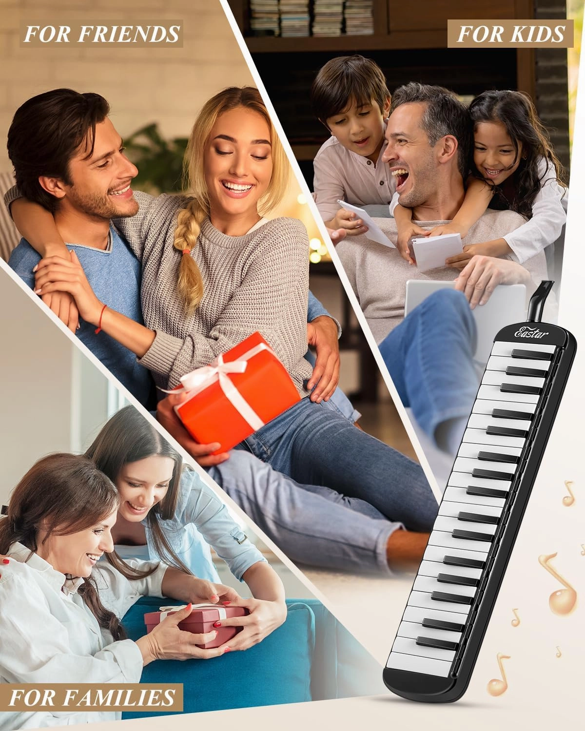 Eastar 37 Keys Melodica Instrument, Soprano Melodica Air Piano Keyboard Pianica with 2 Soft Long Tubes, Short Mouthpieces, Carrying Bag, Black