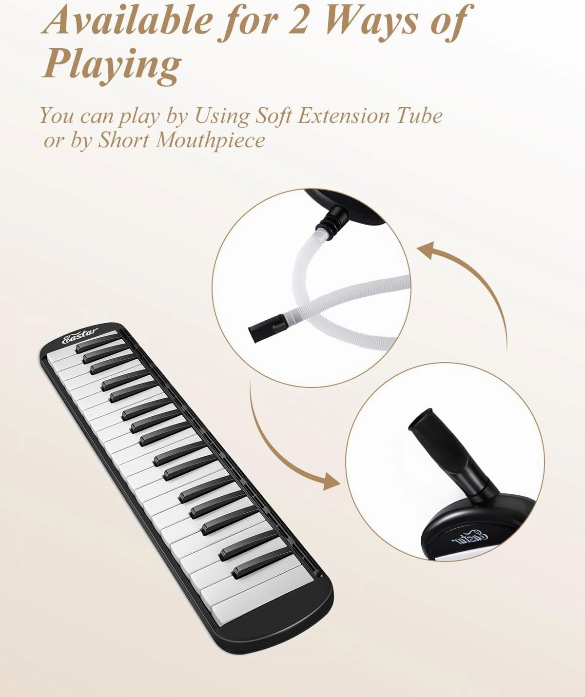 Eastar 37 Keys Melodica Instrument, Soprano Melodica Air Piano Keyboard Pianica with 2 Soft Long Tubes, Short Mouthpieces, Carrying Bag, Black