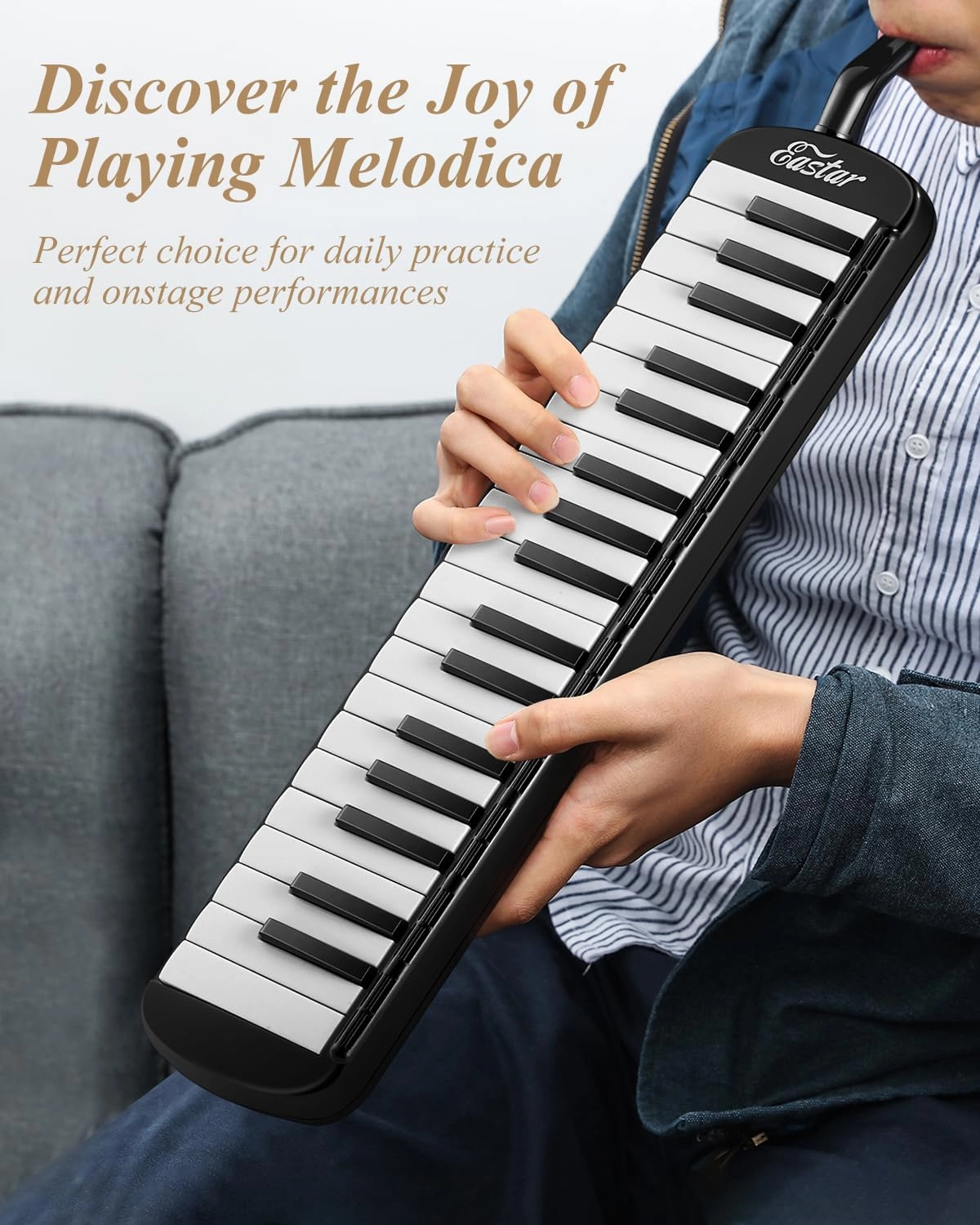 Eastar 37 Keys Melodica Instrument, Soprano Melodica Air Piano Keyboard Pianica with 2 Soft Long Tubes, Short Mouthpieces, Carrying Bag, Black