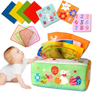 Easter Baby Toys 6 to 12 Months, Easter Tissue Box Montessori Toy, Soft Stuffed High Contrast Crinkle Infant Sensory Early Learning Easter Toys, Easter Gifts, Easter Basket Stuffers for Babies