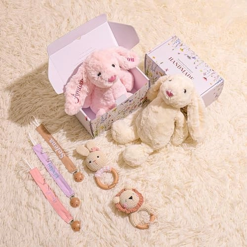 Easter Personalized Baby Gifts, Bunny Stuffed Animal for Babies with Embroidered Child's Name, Handmade Custom Plush Rabbit Toy for Girl Boy, Customized Cute Baby Items for Newborn, Kids