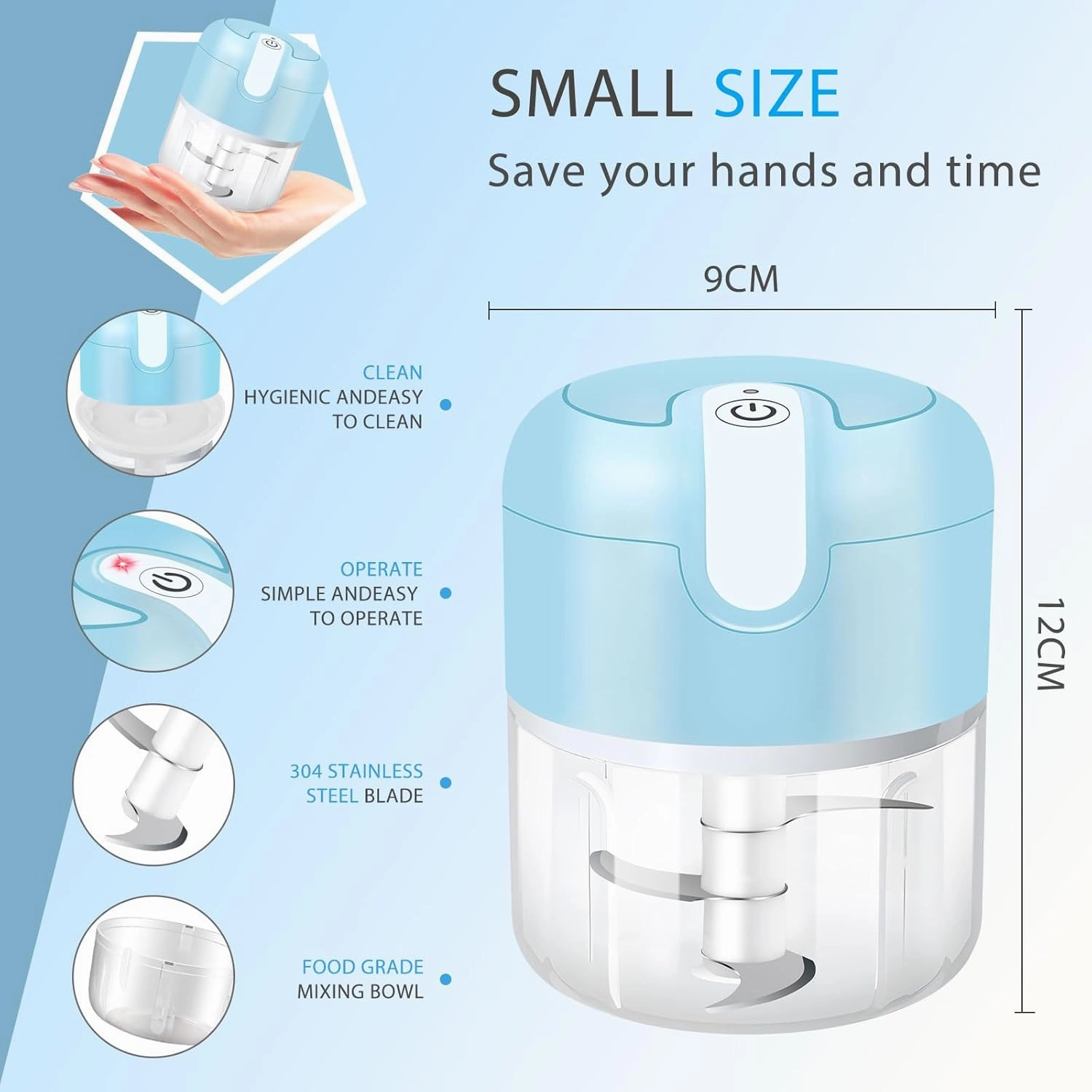 EASYSPEED Electric Garlic Chopper 1Cup, Mini USB Charging Wireless Food Processor with 304 Stainless Steel, 3 Sharp Blades, Portable Kitchen Meat Grinder for Onion, Garlic, Ginger, Chili, Baby Food